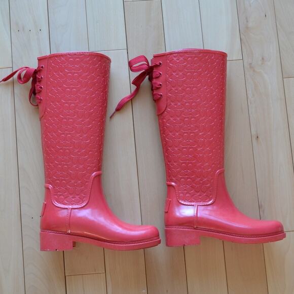 COACH Rubber Rain Boots Classic C Pink Size 5 - Picture 1 of 7